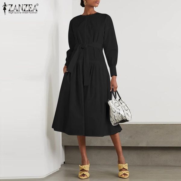 

autumn long sleeve solid midi dress fashion elegant office women belted work sundress plus size femme party vestido casual dresses, Black;gray