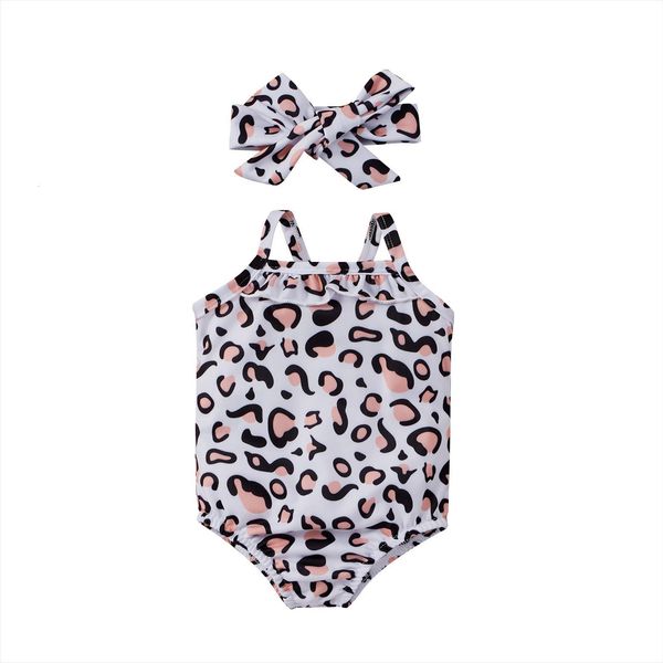 

baby girl swimsuit suit leopard print falbala slim elastic sling one piece swimwear with bow headband, White