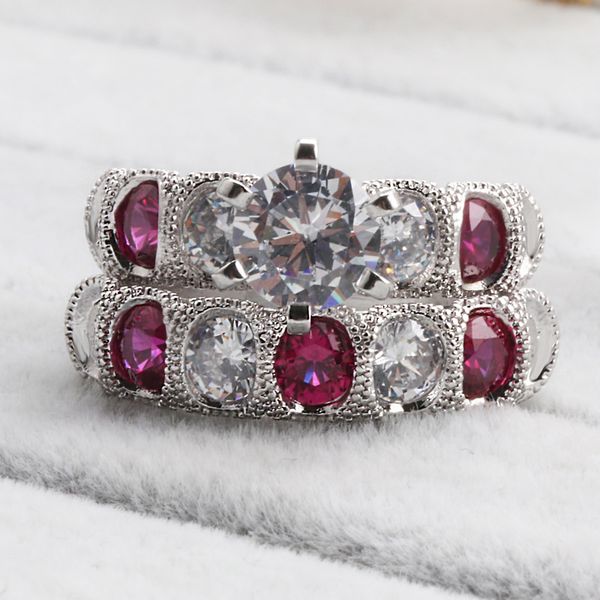 

antique queen style three eyes stone white gold filled engagement wedding band promise ring sets women gift, Silver