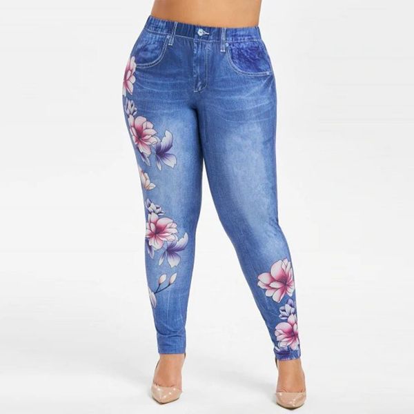 

imitation denim large size women pants flower print skinny jeans fashion mid waist jean pencil trousers d30, Black;white