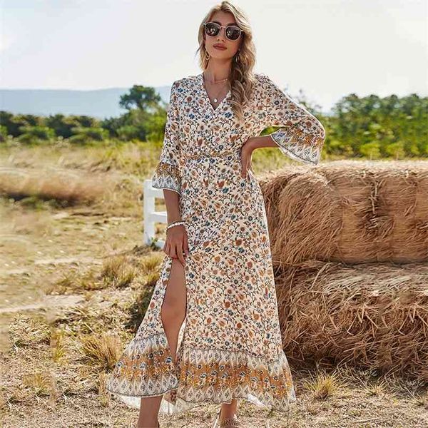 

summer a-line dress for women v-neck flared sleeves high-waist casual slits ladies bohemian long vestidos 210508, Black;gray