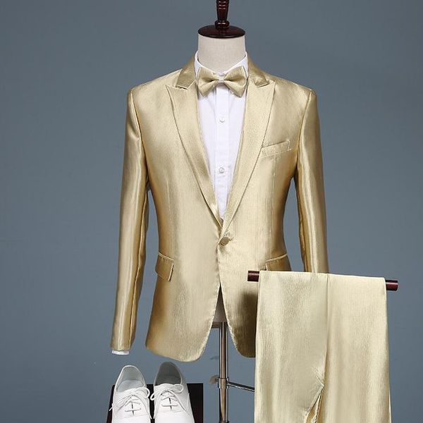 

men's suits & blazers est luxury shiny gold men suit 2 piece slim fit man groom wedding tuxedo singer stage prom party trendy jacket pa, White;black