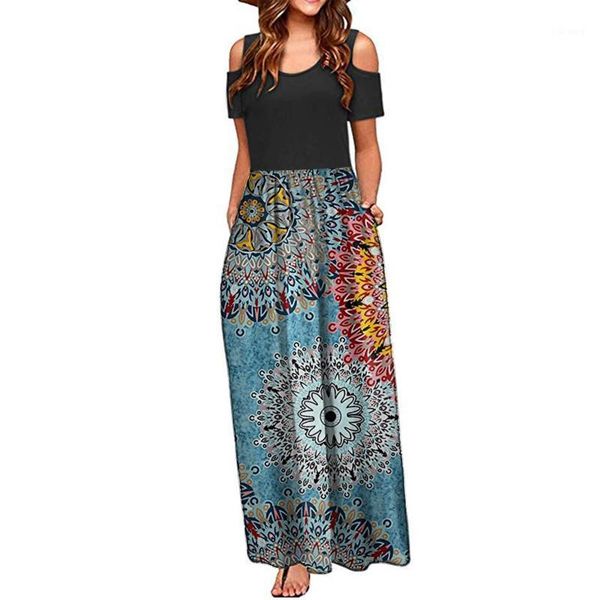 

casual dresses bohemian women summer cold shoulder floral print elegant maxi long dress pocket off office ladies robe, Black;gray