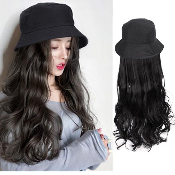 

wide brim hats hat wig women's long curly hair cap one-piece wool, Blue;gray