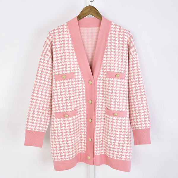 

2021 autumn fall long sleeves v neckline pink cardigan french style houndstooth knitted double pockets contrast trim single-breasted sweater, White;black