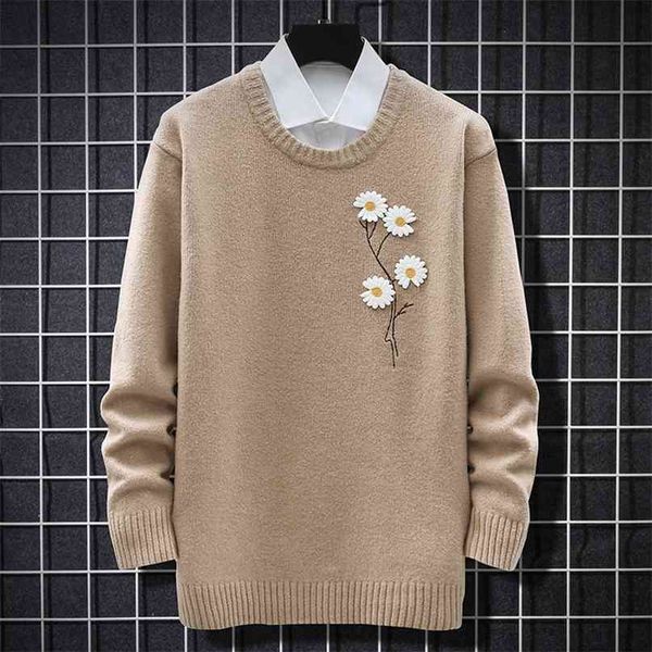 

mens knitted sweater autumn winter men's pullover flower decoration jumper casual loose soft male sweaters daisy embroidery 210820, White;black