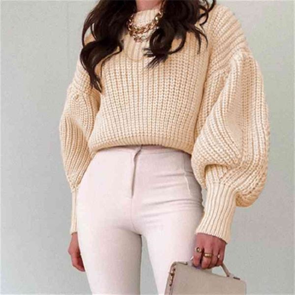 

woman sweaters autumn winter o neck sweater solid color loose lantern sleeve casual knitwear pullovers 210517, White;black