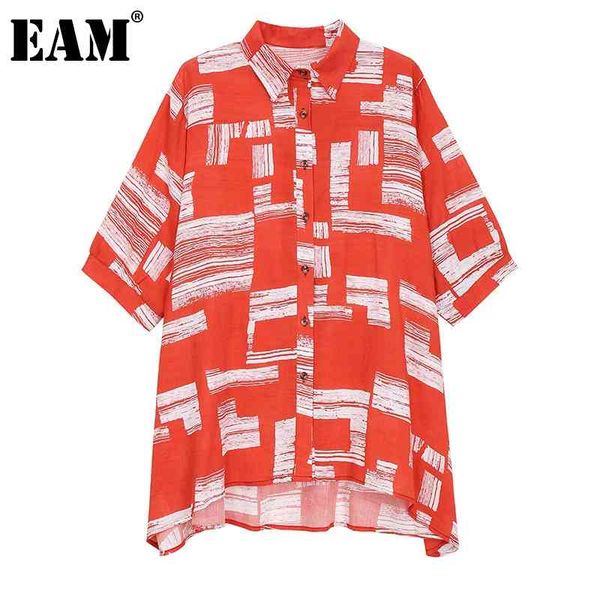

[eam] women red striped print big size blouse lapel half sleeve loose fit shirt fashion spring summer 1dd7514 210512, White