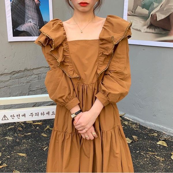 

casual dresses dress women 2021 korean fashion elegant retro square collar double layer ruffle stitching loose large swing long, Black;gray