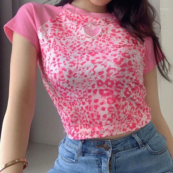 

european and american pink love printed high waist short round neck sleeve t-shirt female summer women's, White