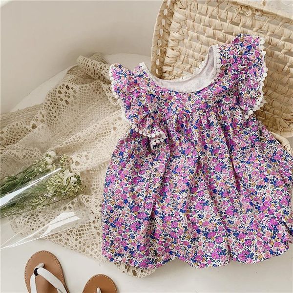 

summer children's ruffles short sleeve o neck vintage floral print princess party girls kids pleated causal dress vestidos girl's, Red;yellow