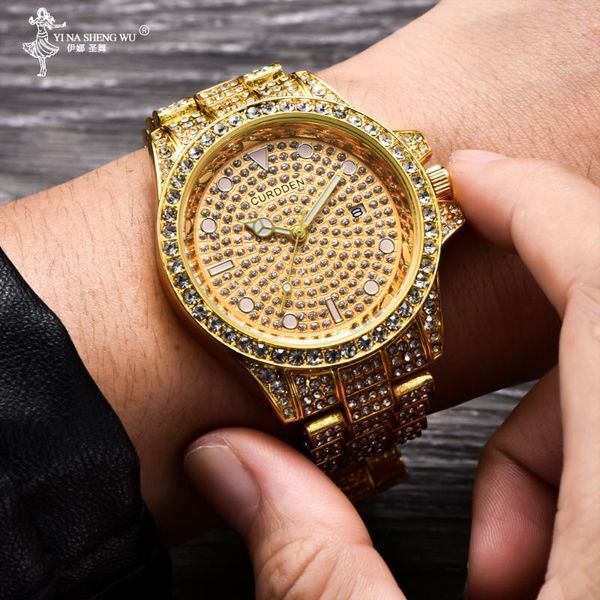 

wristwatches full bling large rhinestones watch for men iced-out hip hop mens quartz watches waterproof date male clock gold steel relogio, Slivery;brown