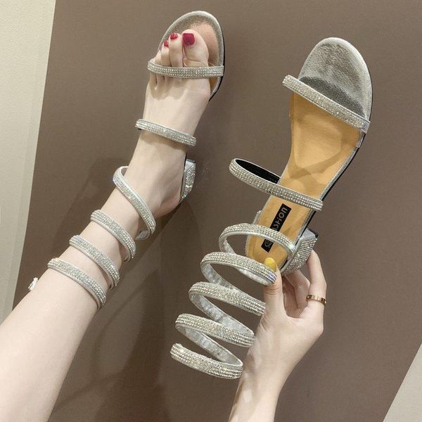 

sandals 2021 women fashion rhinestone open toe ring strap thick heel pointed pumps gladiator bling shoe, Black