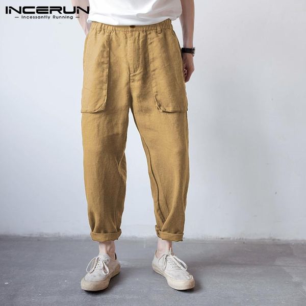 

men's pants incerun men solid casual straight leg fashion big pockets button elastic waist pencil trouser streetwear comfort sweatpant, Black