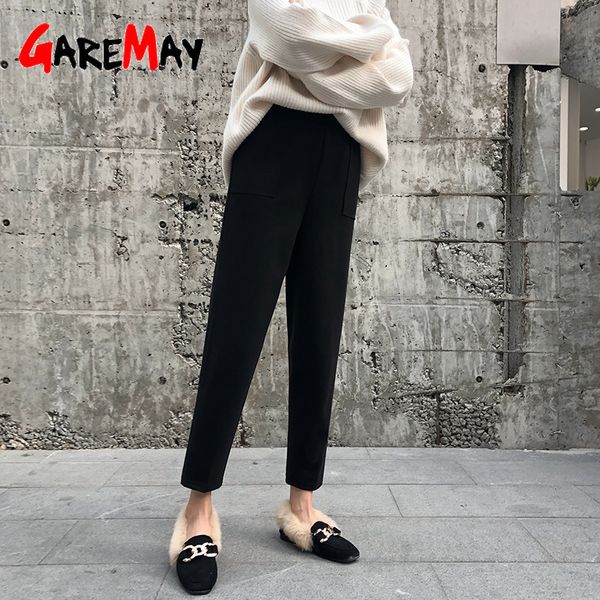 

autumn winter warm pants women's thick high waist casual trousers harem for women elastic woolen pant female plus size 210428, Black;white