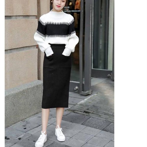 

two piece dress winter striped pullovers sweater pencil skirt knitted sets o-neck elegant long-sleeved suit suits, White