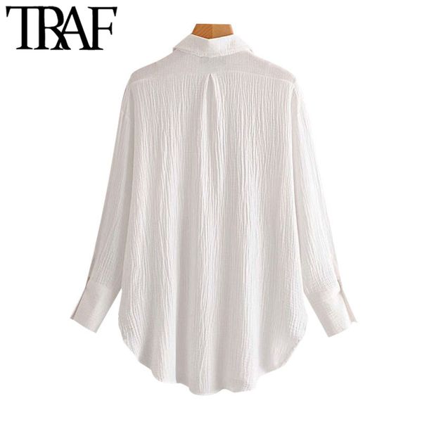 

traf women chic fashion office wear pockets loose blouses vintage lapel collar long sleeve female shirts chic, White