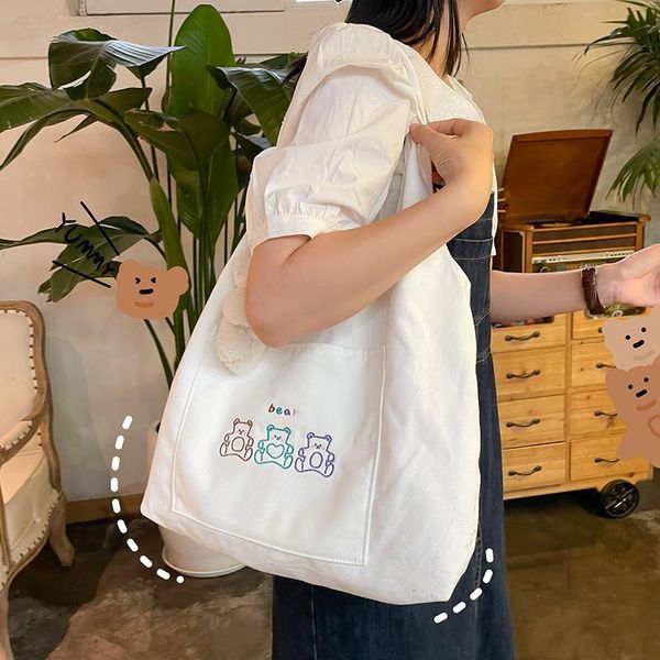 

evening bags kawaii shoulder bag girls japanese style cartoon bear print canvas for women tote handbag student book shopper