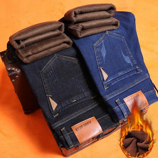

men's jeans winter casual warm slim fit business fashion thicken denim trousers fleece stretch pants black blue