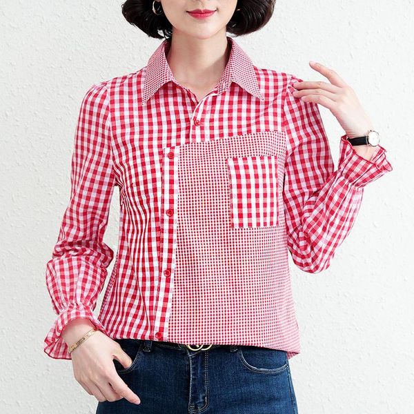 

women's blouses & shirts cotton plaid women summer design 2021 asymmetrical casual all match pocket patchwork female outwear, White