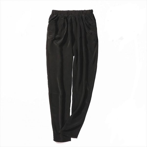 

100% pure silk elastic waist women capri long trousers with pockets black color jn442, Black;white