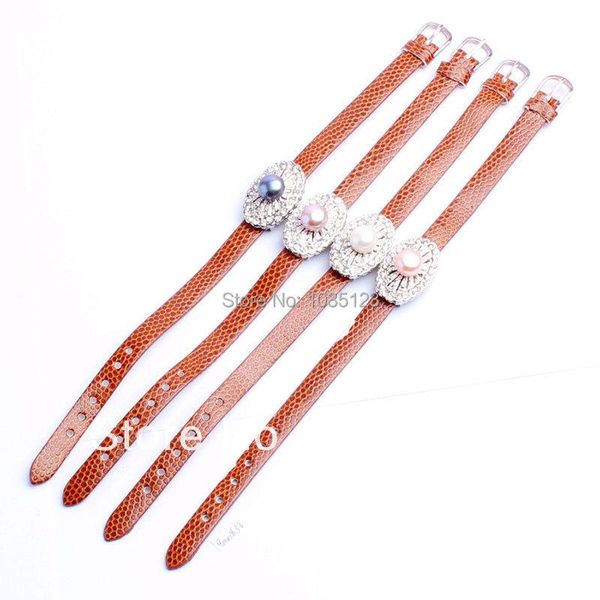 

tennis 9mm natural freshwater pearl pretty fashion leather rhinestone bracelet 8.5" optional color wj03, Golden;silver