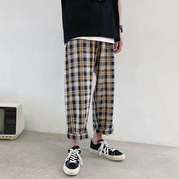 

men's pants harajuku plaid for men trousers 2021 streetwear male straight summer causal plus size, Black