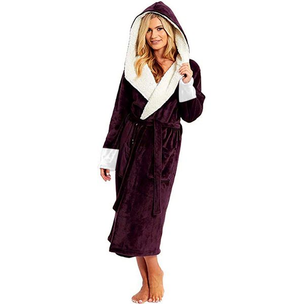 

bathrobe women's sleepwear women winter plush lengthened shawl bathrobe home clothes long sleeved robe coat peignoir femme bademantel, Black;red
