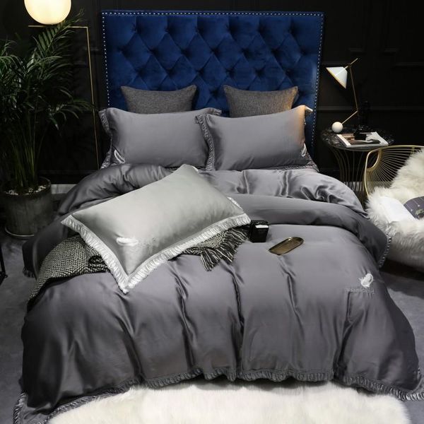 

silver gray tencel silk lace edge king size  bedding set luxury fitted sheet duvet cover soft bed parure de lit sets