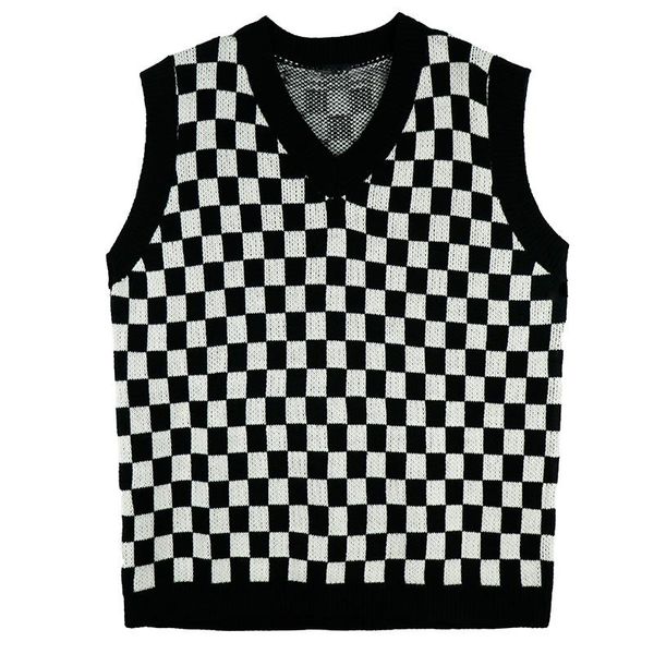

women sweater vest autumn korean style vintage plaid v neck sleeveless pullovers knitted woman sweaters for women's vests, Black;white