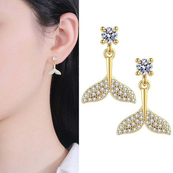 

dangle & chandelier fashion whale tail short drop earring for women shiny micro crystal paved elegant piercing stud jewelry gifts, Silver