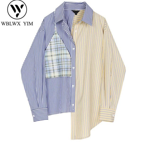 

women's blouses & shirts fashion patchwork shirt women spring summer womens and pocket long sleeve female loose irregular blouse, White