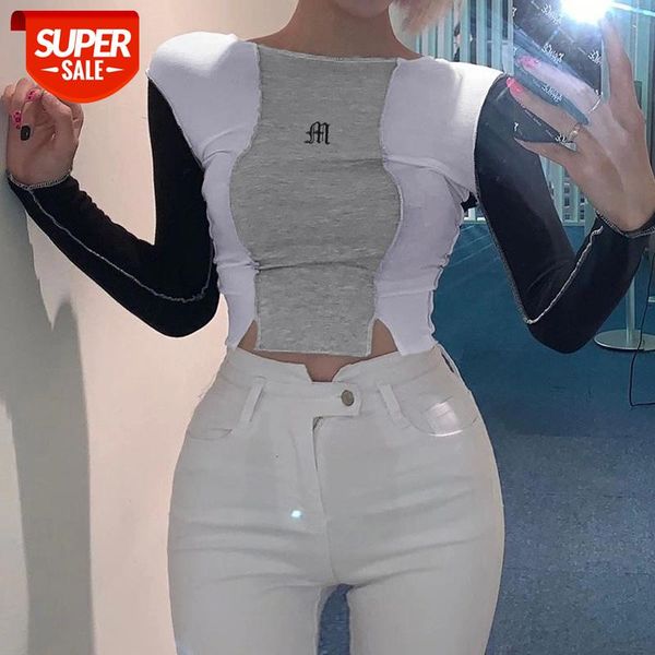 

women ladies wild long sleeve t-shirt letter printed color block patchwork round neck split hem autumn casual slim shirt #rm6i, White