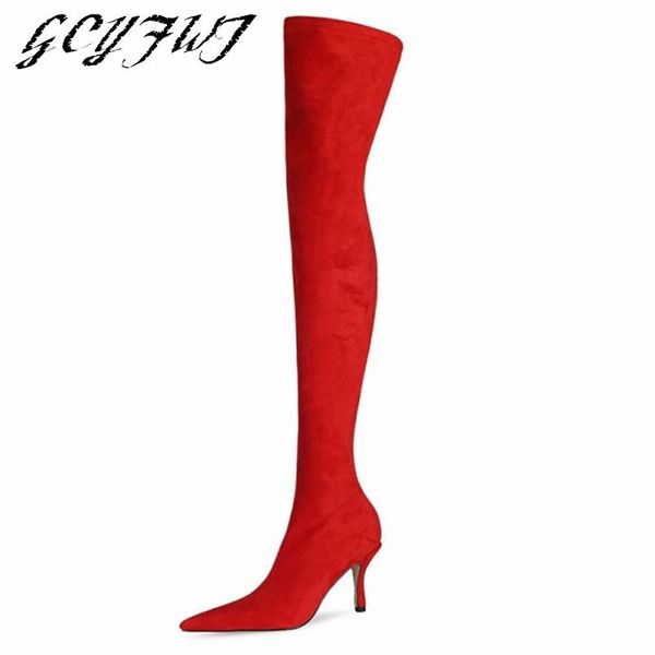 

boots women over the knee solid color pointed toe thin heels slip-on ladies shoes flock non-slip outdoor wearproof, Black