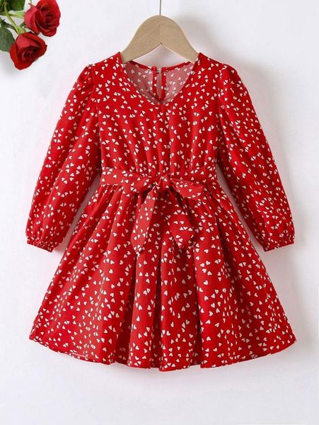 

toddler girls heart print puff sleeve belted dress she, Red;yellow