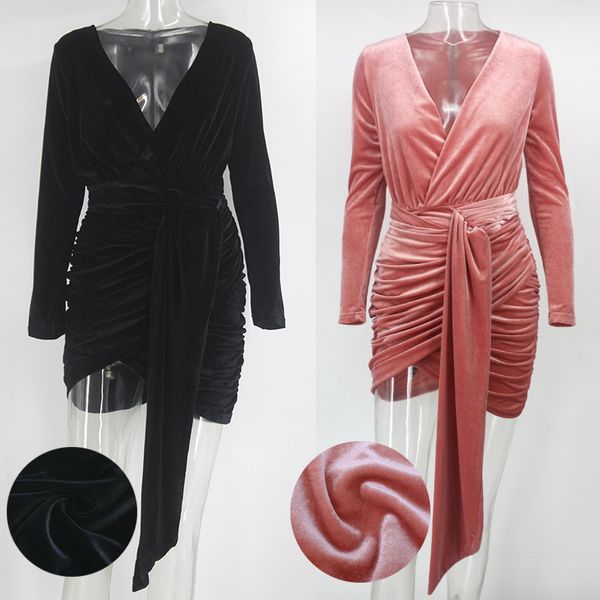 

2021justchicc deep v neck velvet dress women bandage wrap bodycon mini dresses autumn elegant party club dress feeme 2021 black, Black;gray