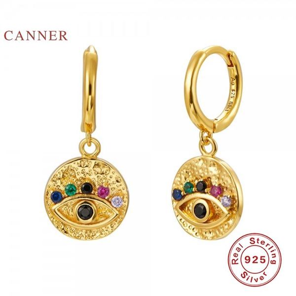 

real 925 sterling silver earrings for women angel's eye fancy diamond medal hoops jewelry pendientes hoop & huggie, Golden;silver