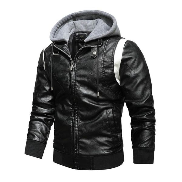 

men's fur & faux autumn winter leather jacket men removable hoodied embroidery motorcycle coat slim mens jackets, Black