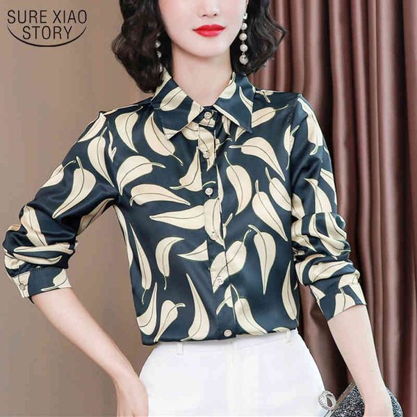 Seide Hemd Herbst Blätter Drucken Blusen Kleidung Mode Langarm Shirts Frauen Plus Größe S-4XL Blusas Mujer De Moda 10724 210508