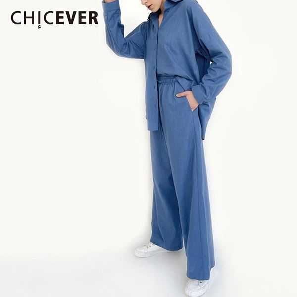 

women's two piece pants chicever casual set womens lapel collar long sleeve high waist wide leg loose pant suits female clothes, White