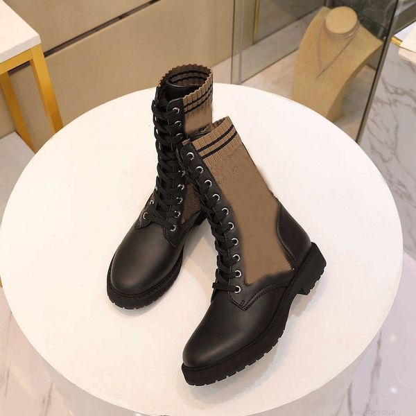 

designer 2022 luxury woman rockoko black leather biker boots with stretch fabric lady combat ankle boot flat shoes size 35-42