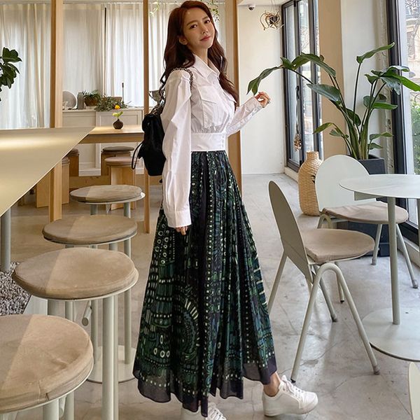 

arrival style sets women summer temperament long printing skirt white shirt two pieces together, Black