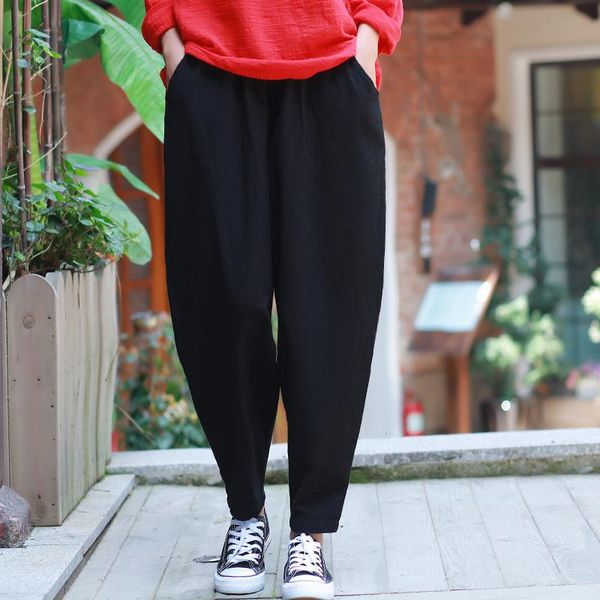 

women's pants & capris 2021 summer solid color cotton linen vintage elastic mid waist loose women ankle-length harem, Black;white