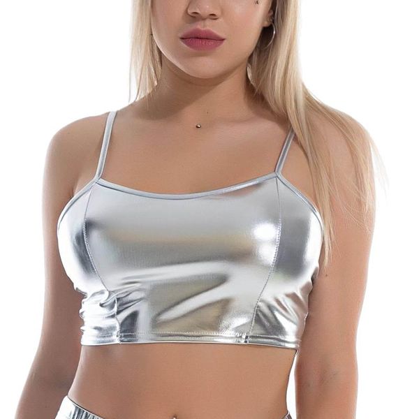 

women's tanks & camis women metallic shiny vest sleeveless camisole adjustable spaghetti strap crop clubwear dance fashion glossy sexy, White