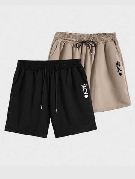 

men 2pcs drawstring waist playing card print shorts l3ma#, Black