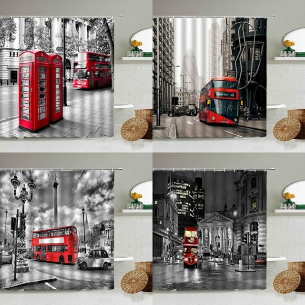 

london red telephone booth car shower curtain set retro black and white urban waterproof screen bathroom bathtub art decoration curtains