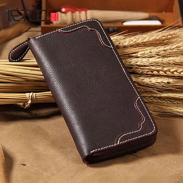 

wallets aetoo handmade leather long wallet, zipper men's large-capacity hand bag, soft cowhide mobile phone bag, Red;black