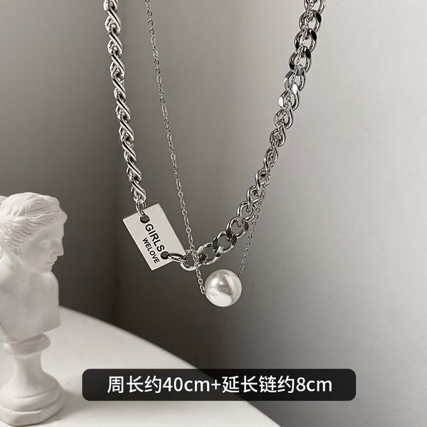 

titanium steel anti fading chocker necklace double layer letter brand pearl necklace women's clavicle chain bib statement choker neckla, Golden;silver