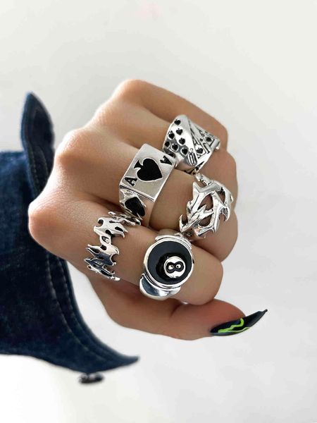 

stillgirl punk poker billiards rings for women funny goth kpop flame anillos hip hop y2k korean fashion male couple gift jewelry, Silver