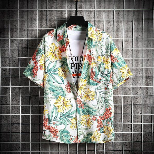 

mens short sleeve hawaiian shirt summer hip hop casual floral beach piece 2021 fashion men 5xl men's shirts, White;black